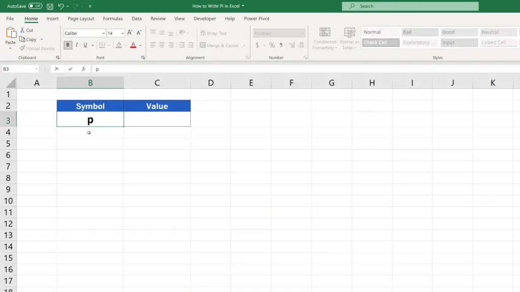 How to Write Pi in Excel - type in letter p