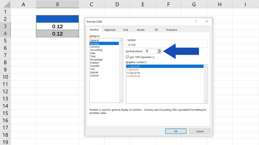 How to Change the Number of Decimal Places in Excel - change the number to 4