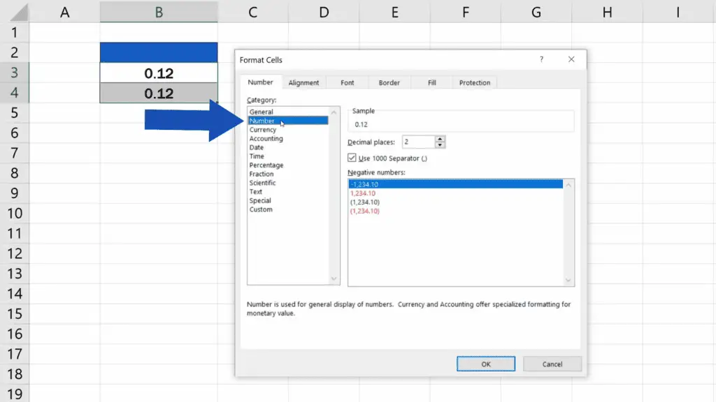 How to Change the Number of Decimal Places in Excel - select ‘Number’ under the section ‘Category’