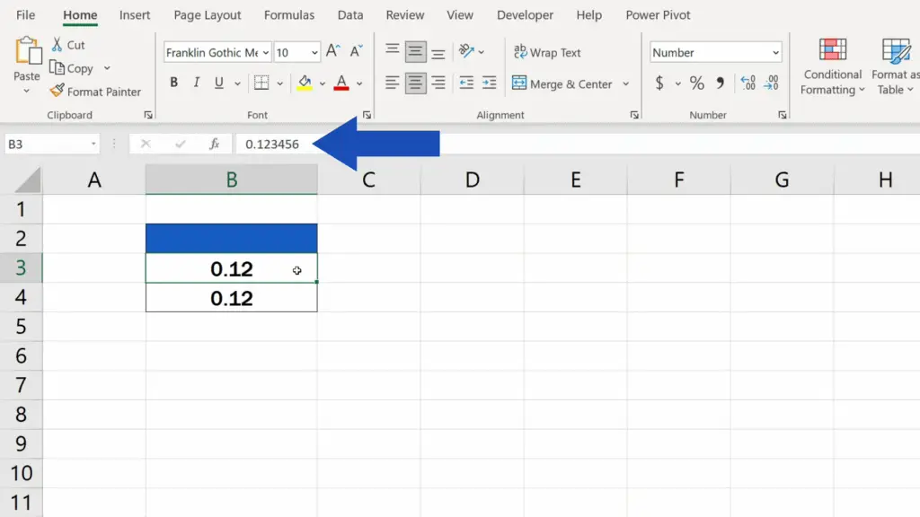 How to Change the Number of Decimal Places in Excel - the formula bar shows the full figure