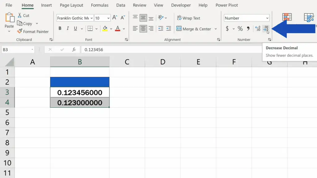 How to Change the Number of Decimal Places in Excel - use the button ‘Decrease Decimal