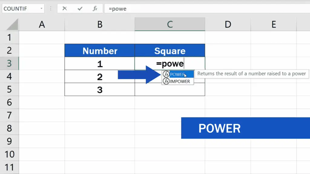 How to Square a Number in Excel - Select the suggested function