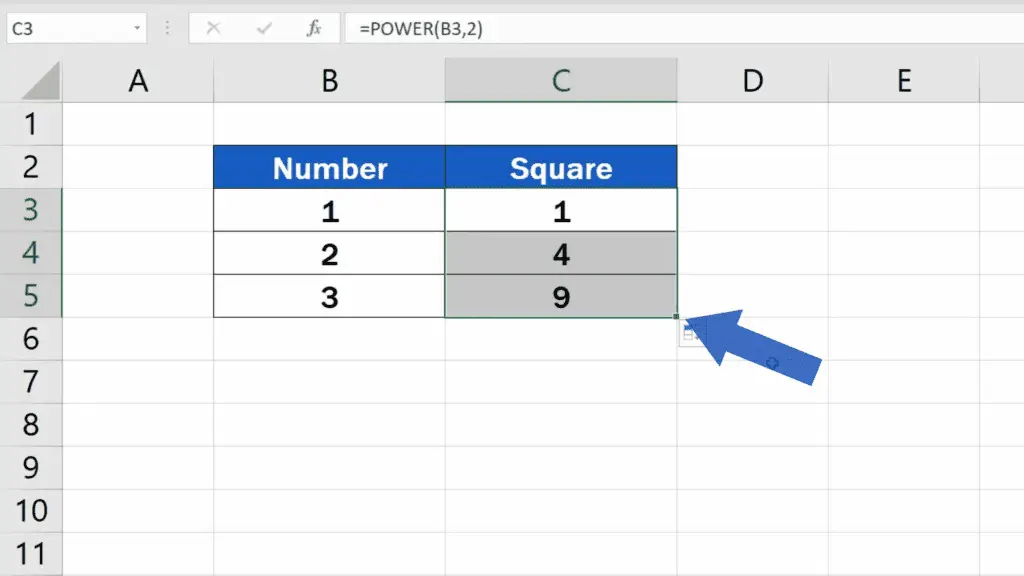 How to Square a Number in Excel - copy the formula