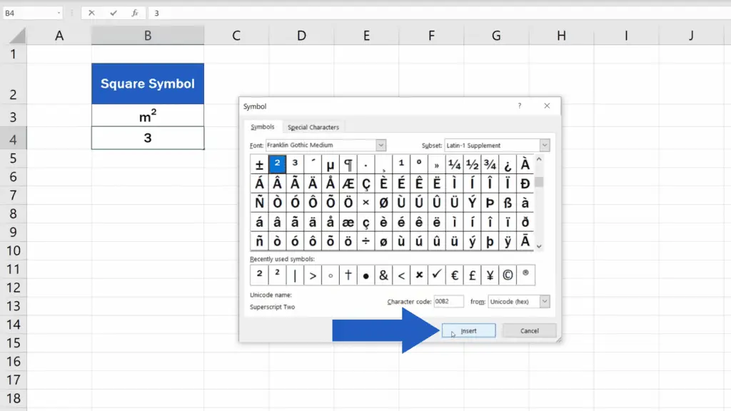 How to Write the Squared Symbol in Excel - insert it through the ‘Insert’ button