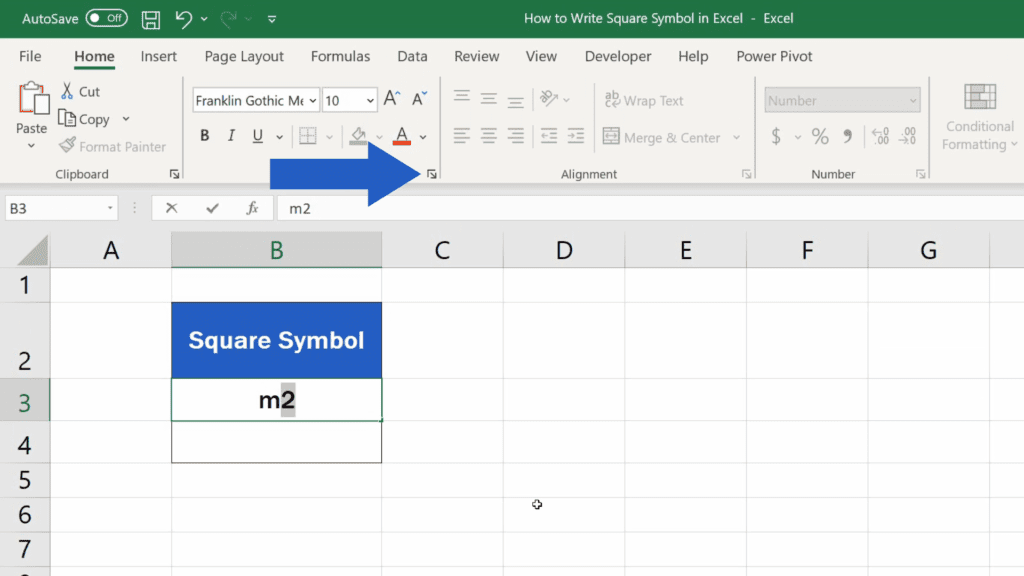 How to Write the Squared Symbol in Excel - select the number 2 written within the text and go to the Home tab