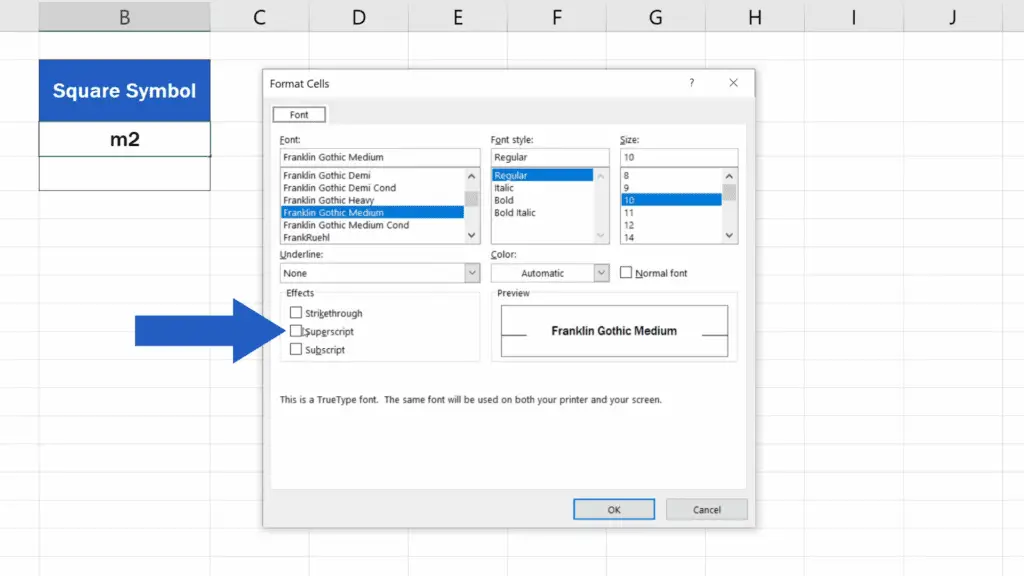 How to Write the Squared Symbol in Excel - tick Superscript