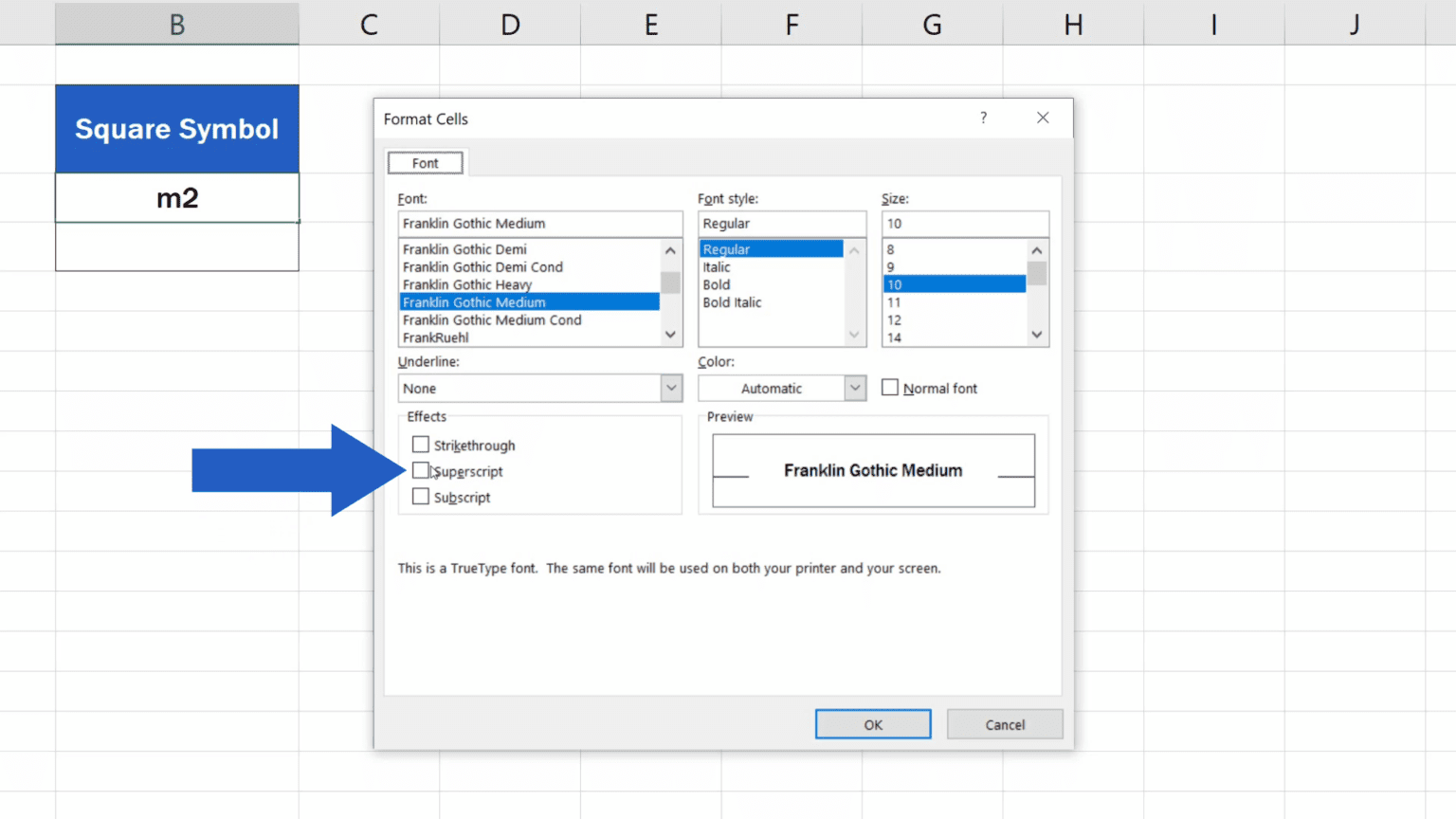How to Write the Squared Symbol in Excel