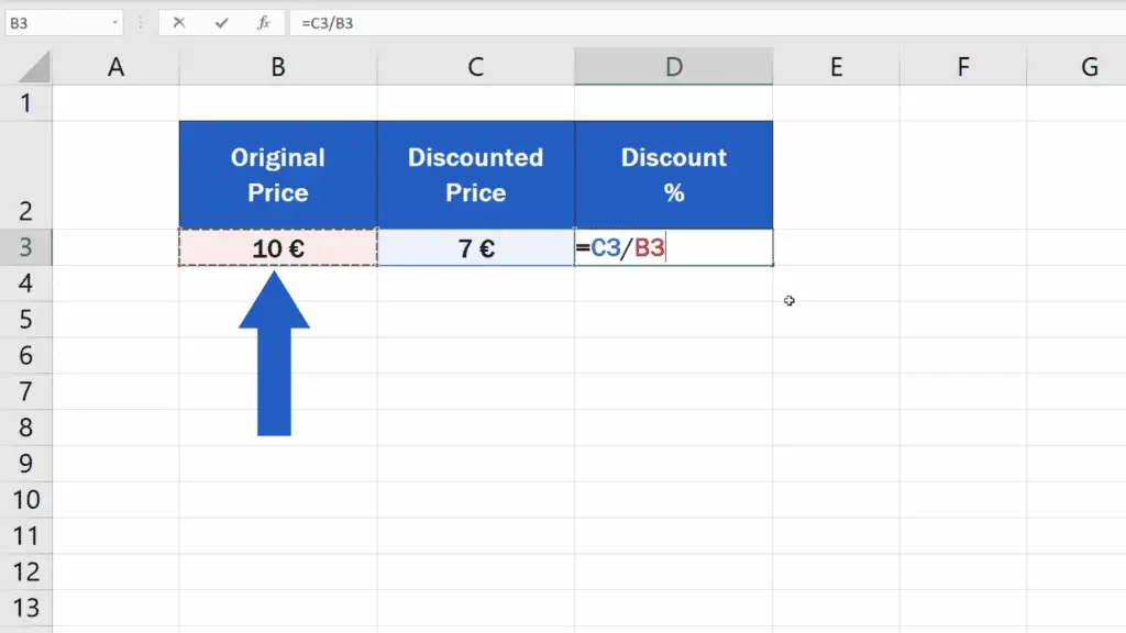 How to Calculate Discount Percentages in Excel - divide the discounted price in C3 with the original price