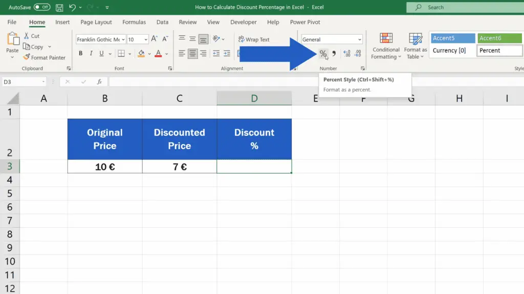 How to Calculate Discount Percentages in Excel - format the cell as Percentage