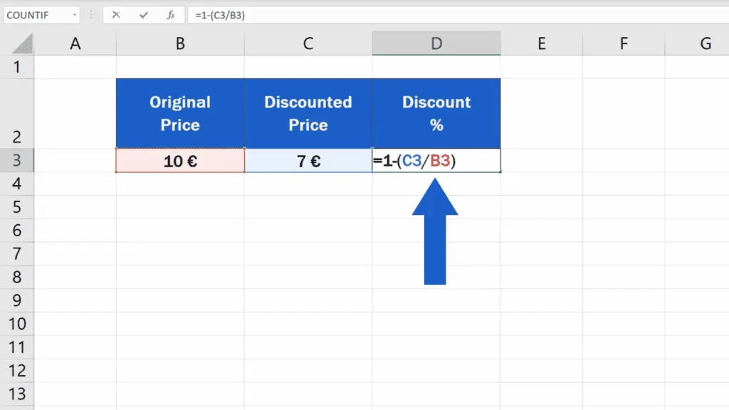 How to Calculate Discount Percentages in Excel - subtract the first result from the number 1