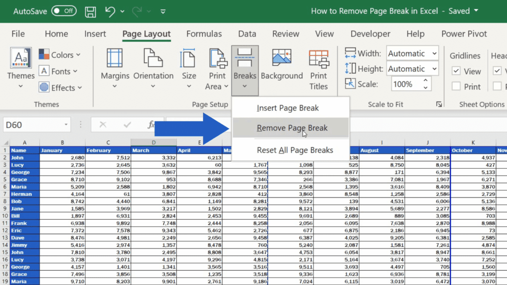 How to Remove a Page Break in Excel - select Remove Page Break