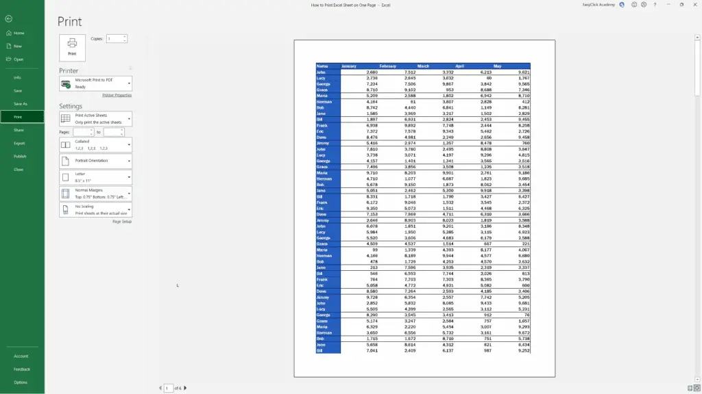 How to Print an Excel Sheet on One Page - Print options open up