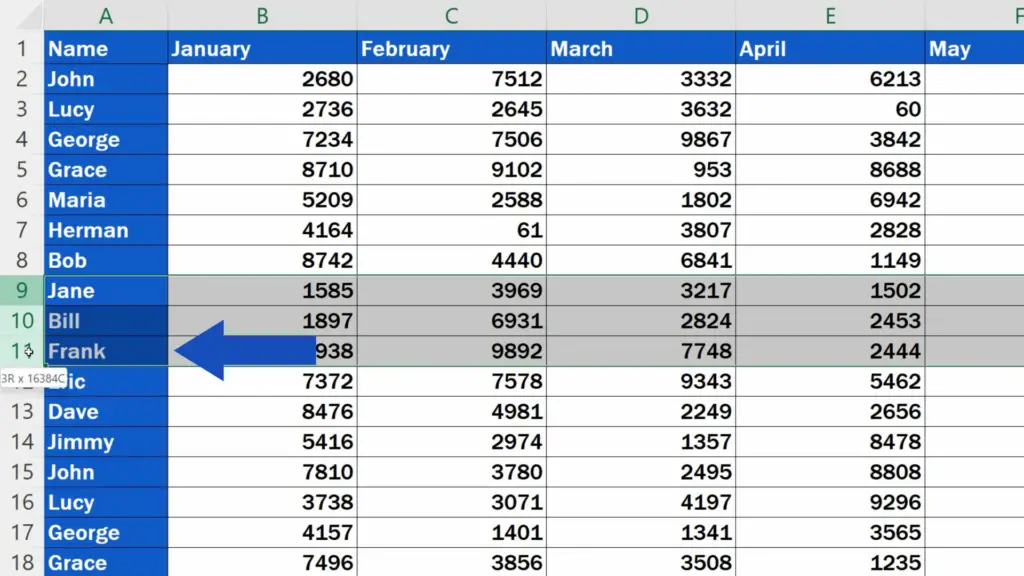 How to Insert Multiple Rows in Excel - expand the selection three rows down