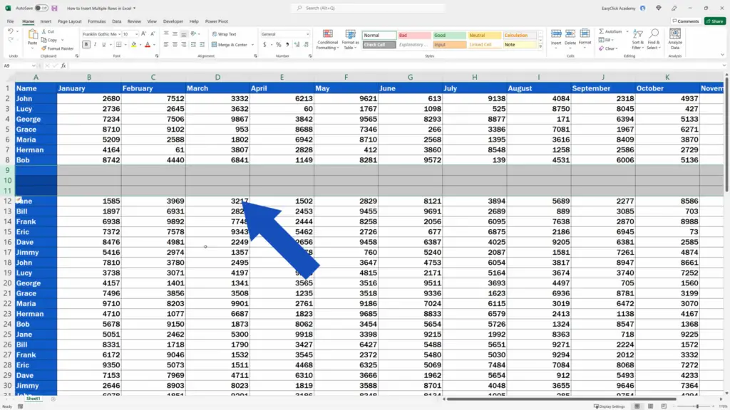 How to Insert Multiple Rows in Excel -  three empty rows inserted below row 8