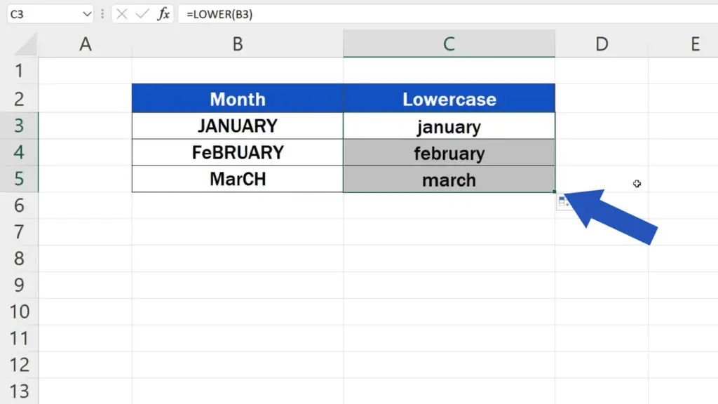 How to Change Capital Letters to Lowercase in Excel - copy the function through drag and drop