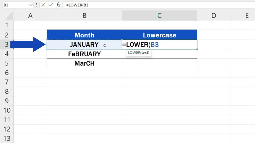 How to Change Capital Letters to Lowercase in Excel - defining the cell that contains the text