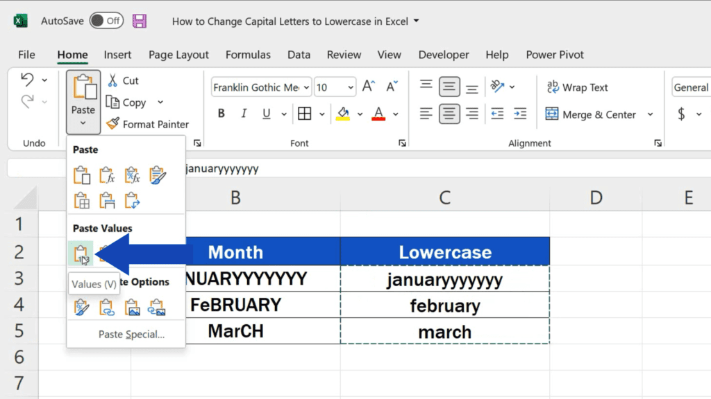 How to Change Capital Letters to Lowercase in Excel - select option ‘Values’