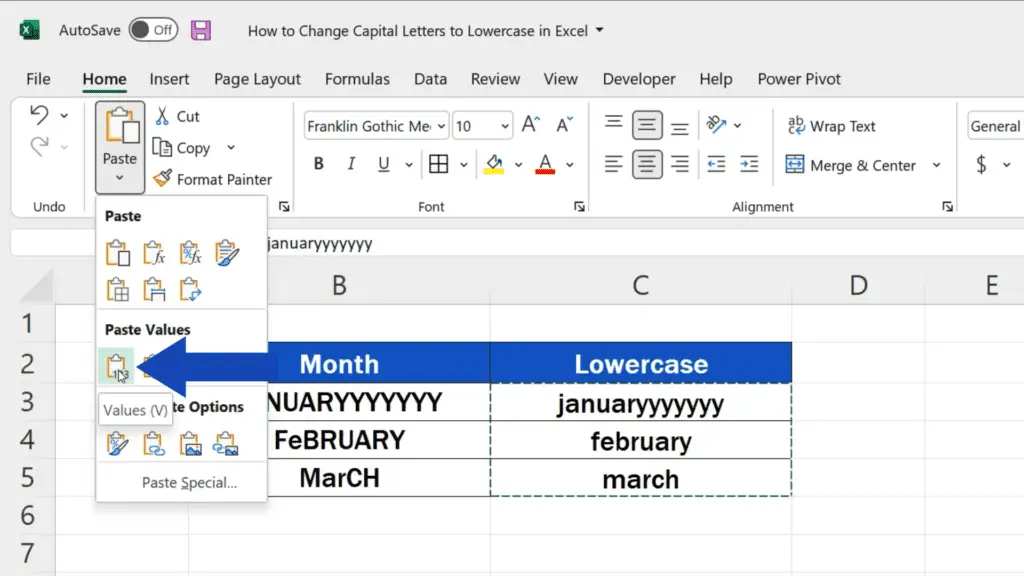 How to Change Capital Letters to Lowercase in Excel - select option ‘Values’