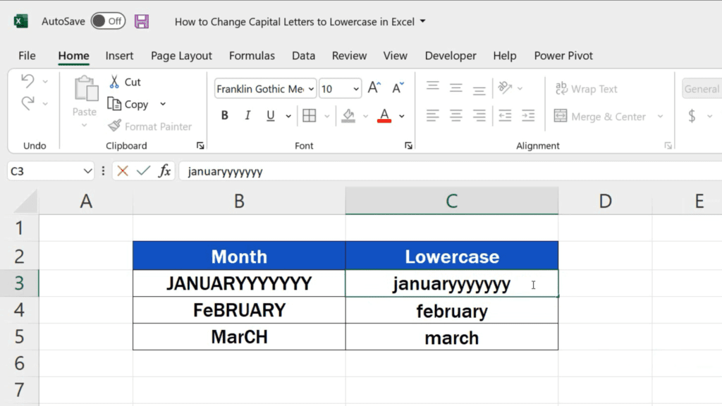 How to Change Capital Letters to Lowercase in Excel - the cells contain the converted text only