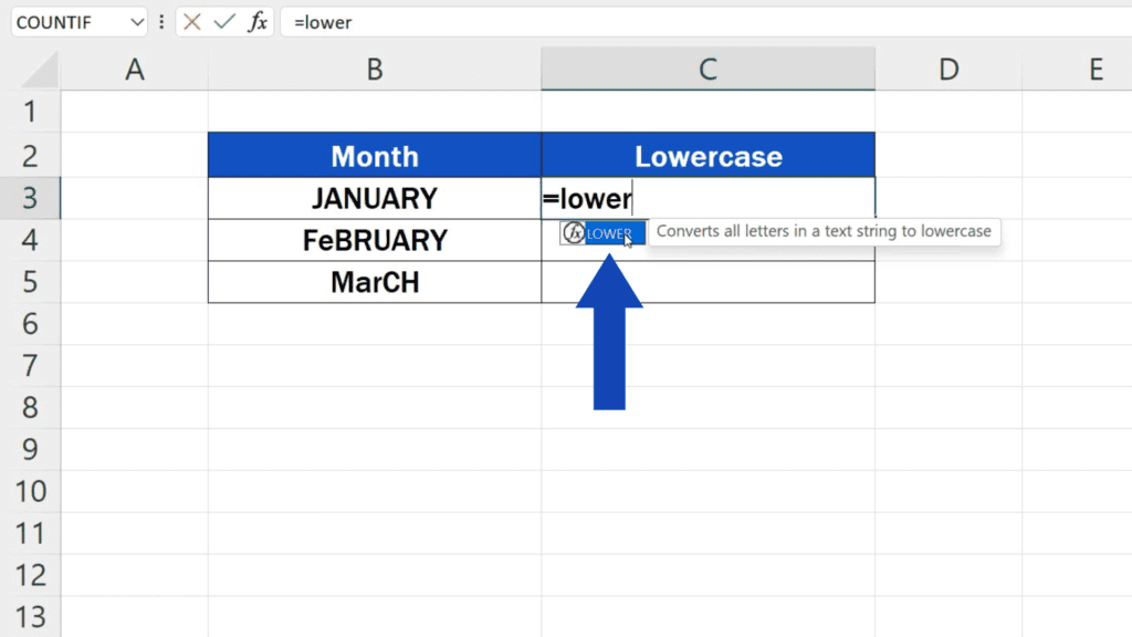 How to Change Capital Letters to Lowercase in Excel - typing out the function ‘LOWER’