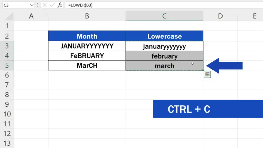 How to Change Capital Letters to Lowercase in Excel - use the control key [Ctrl] and C to copy the contents