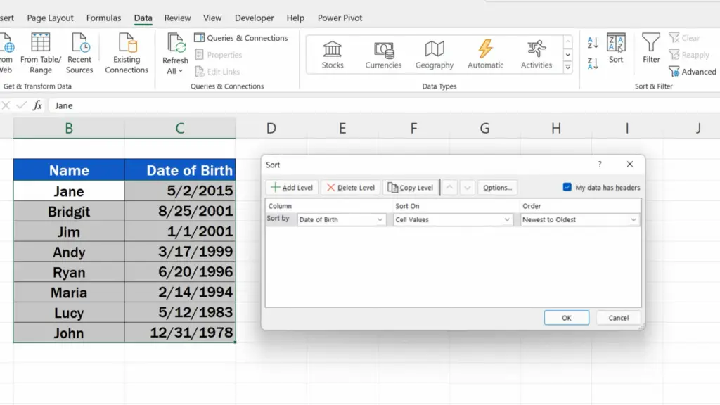 How to Sort by Date in Excel - A pop-up window appears