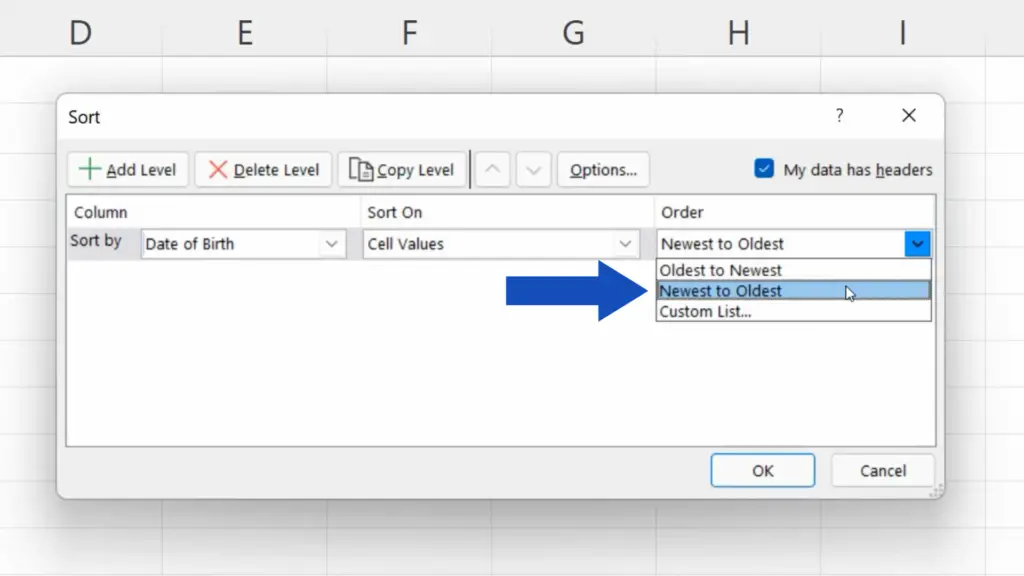 How to Sort by Date in Excel - choose which way we want to sort the dates