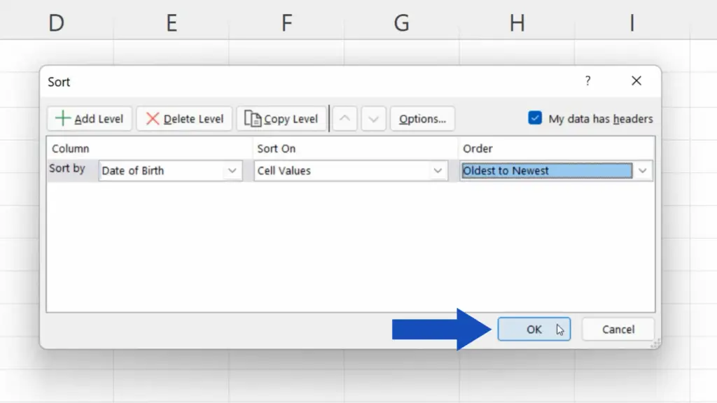 How to Sort by Date in Excel - click on ‘Oldest to Newest’ and confirm with OK