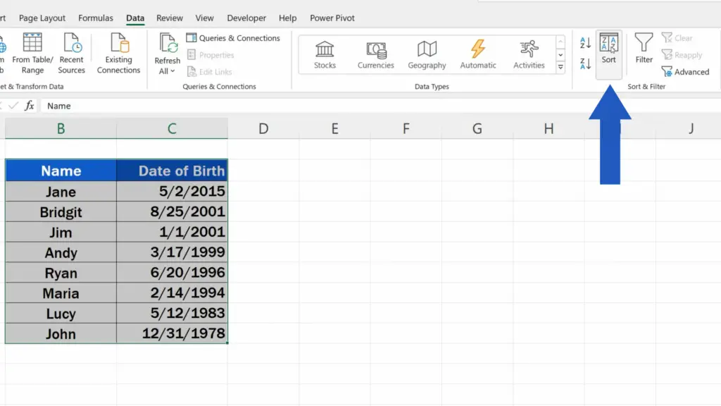 How to Sort by Date in Excel - go to the Data tab and click on ‘Sort’