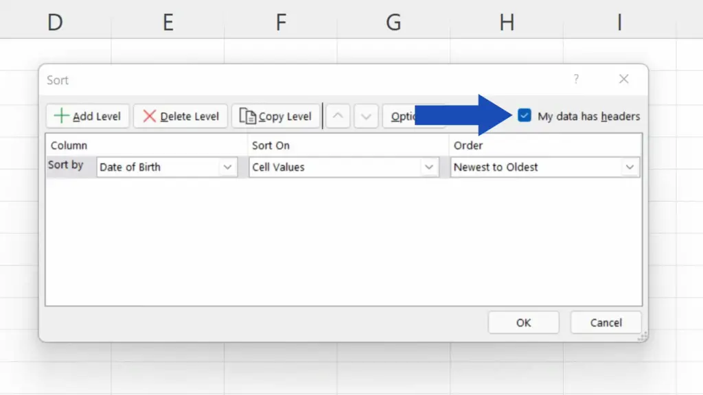 How to Sort by Date in Excel - keep the option ‘My data has headers’ selected