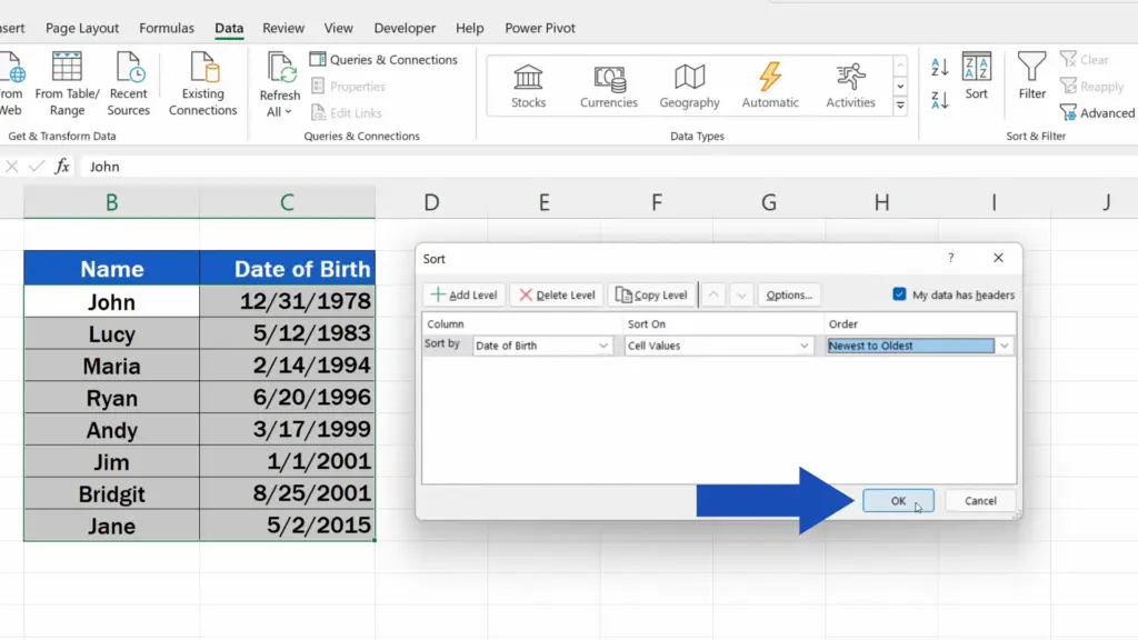 How to Sort by Date in Excel - select the option ‘Newest to Oldest’ in the last step.