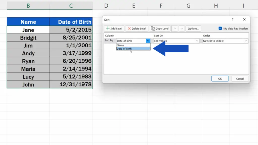 How to Sort by Date in Excel - select the option sort by ‘Date of Birth’