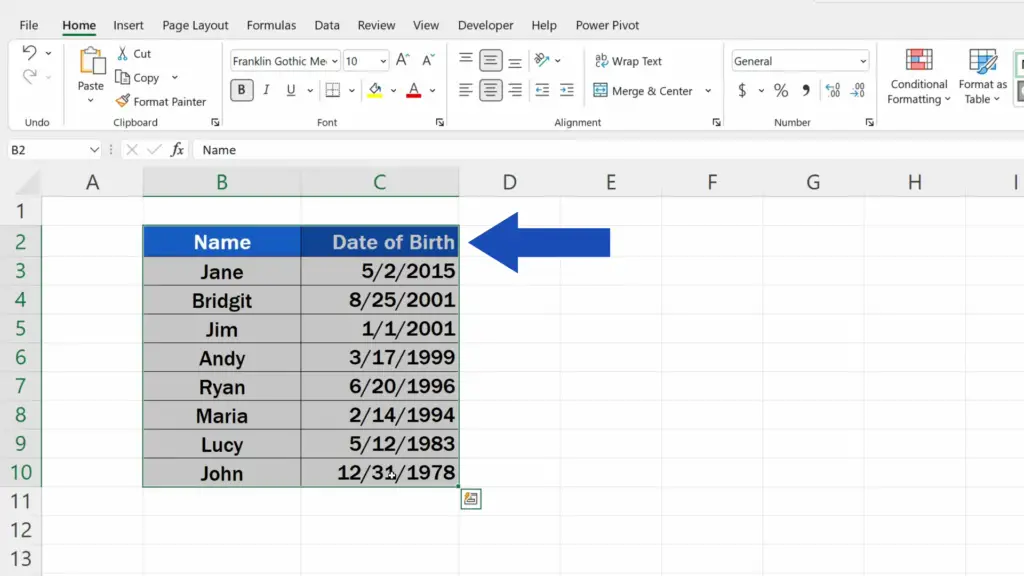 How to Sort by Date in Excel - select the whole area including header