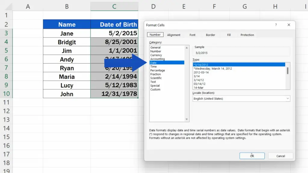 How to Sort by Date in Excel - the column containing the dates has been formatted as ‘Date’