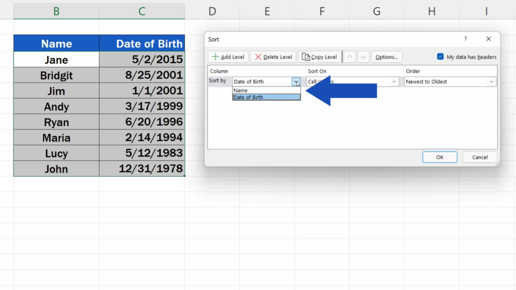 How to Sort by Date in Excel - the names of the column headers from the table will be displayed in the ‘Sort by’ drop-down list