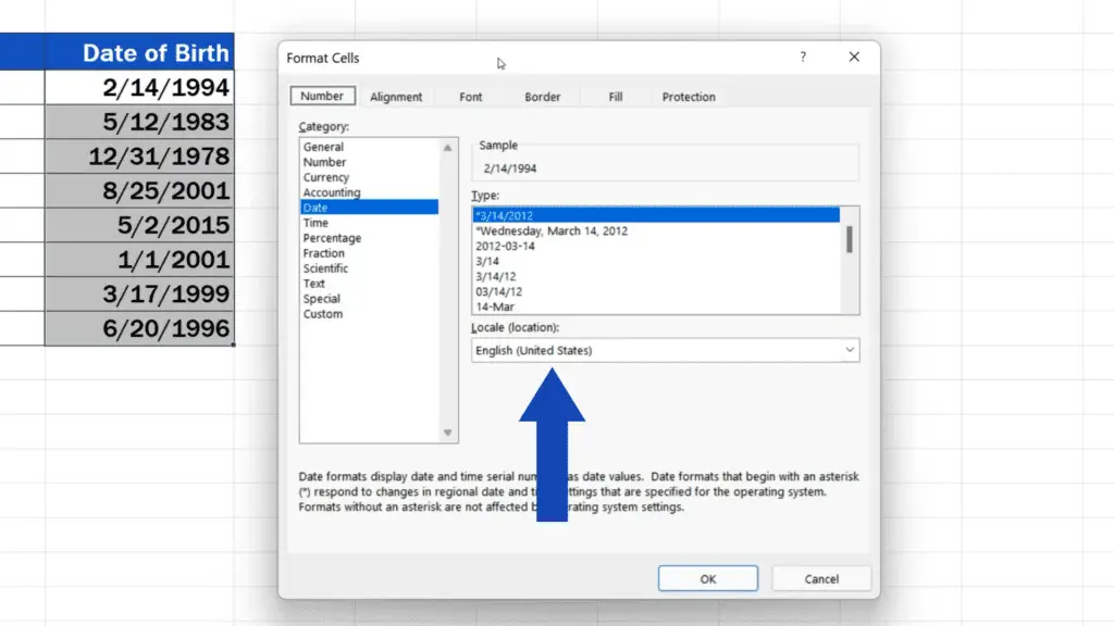 How to Change Date Format in Excel - In the field ‘Locale’ with location, the setting shows ‘United States’