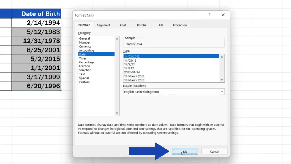 How to Change Date Format in Excel - click on OK