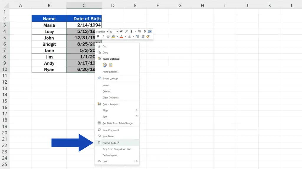 How to Change Date Format in Excel - click on the option ‘Format Cells’
