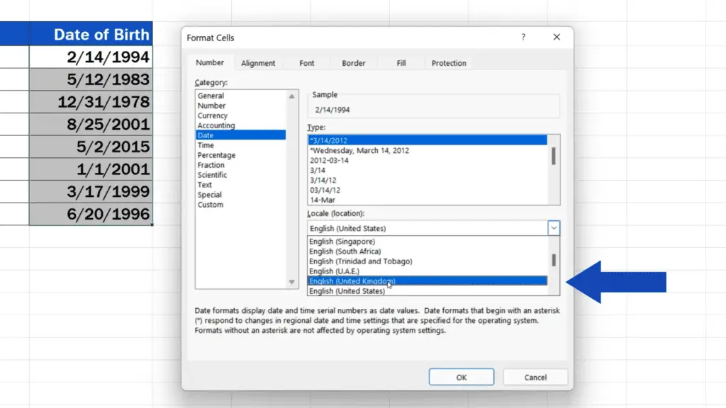 How to Change Date Format in Excel - find ‘United Kingdom’ - European Date Format