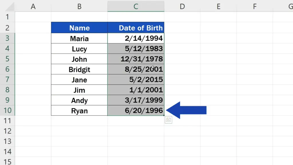 How to Change Date Format in Excel - select all the dates we’d like to change the format of