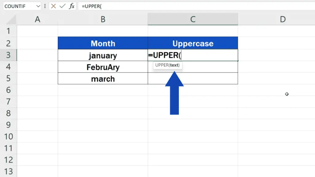 How to Change Lowercase to Uppercase in Excel - defining the cell that contains the text to convert