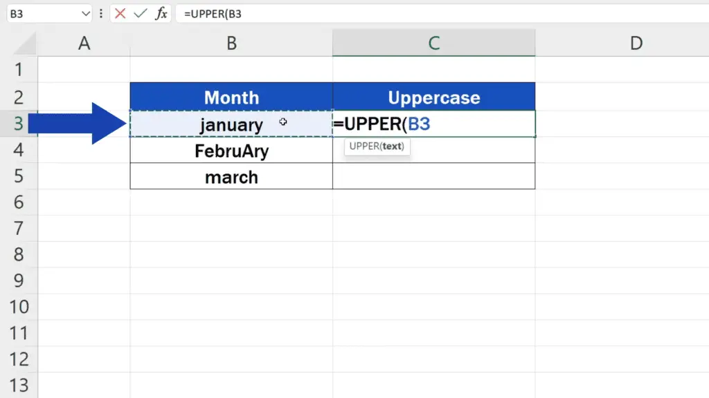 How to Change Lowercase to Uppercase in Excel - our text is in B3