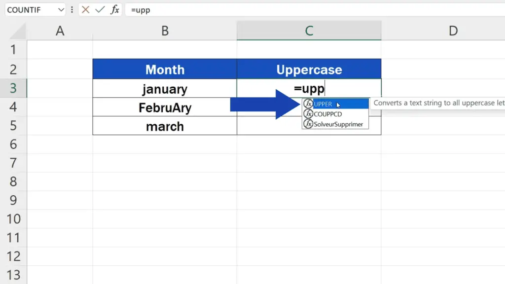 How to Change Lowercase to Uppercase in Excel - type in the equal sign and start typing out the function ‘UPPER’