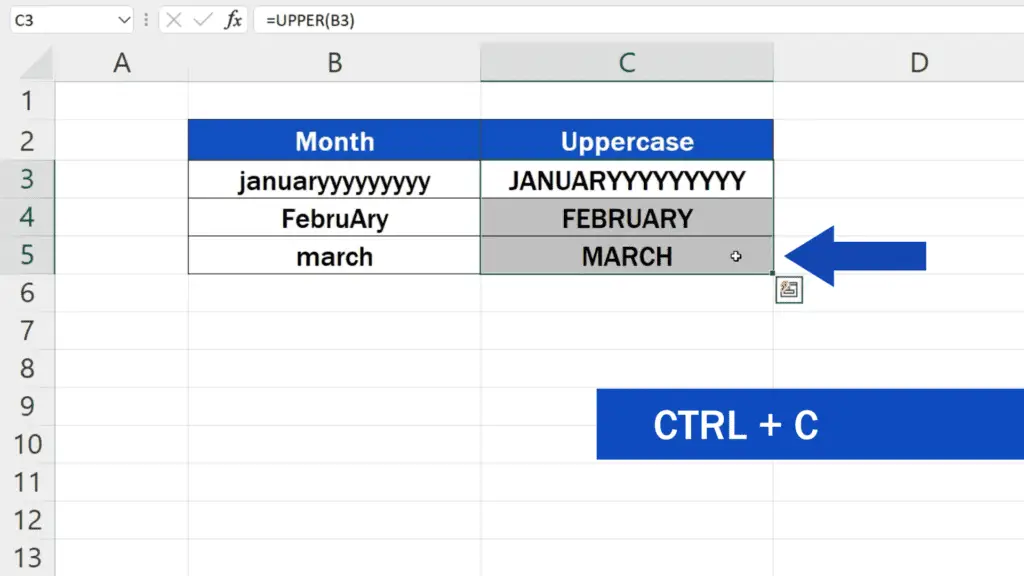 How to Change Lowercase to Uppercase in Excel - use the control key [Ctrl] and C