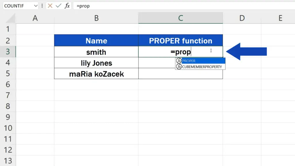 How to Capitalize First Letters in Excel - start typing the function PROPER