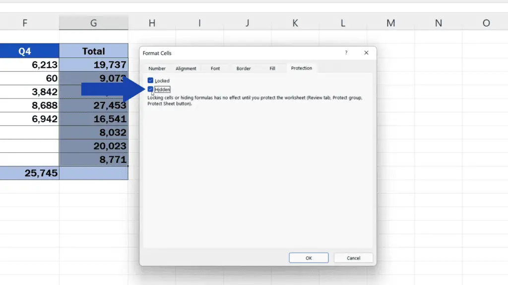 How to Hide Formulas in Excel - Select the option ‘Hidden’