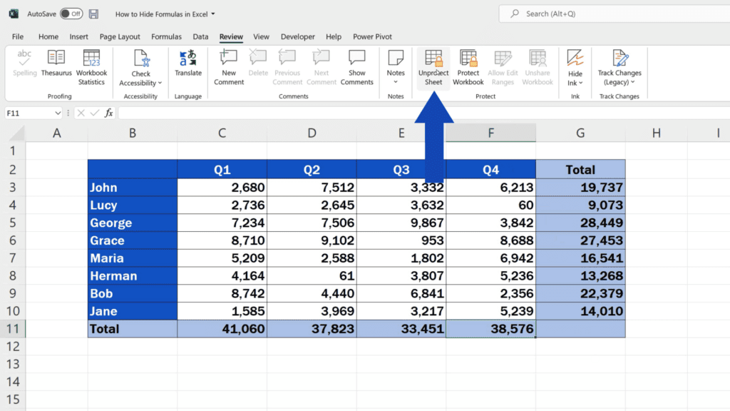 How to Hide Formulas in Excel - To turn the protection setting off, click on ‘Unprotect Sheet’