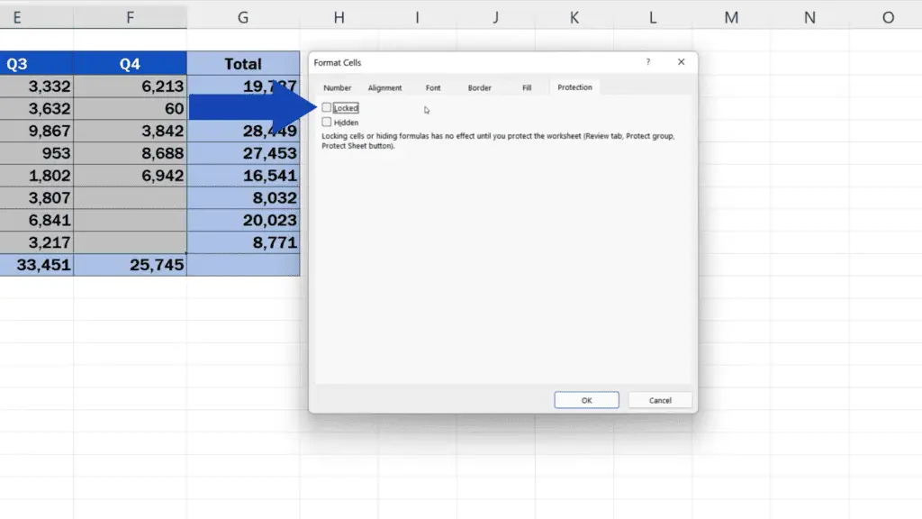 How to Hide Formulas in Excel - Unselect option Locked