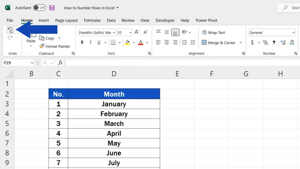 How to Number Rows in Excel - Undo button
