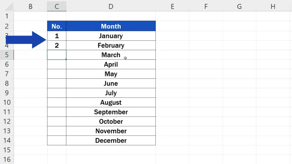 How to Number Rows in Excel - fill in the first two rows with the numbers 1 and 2